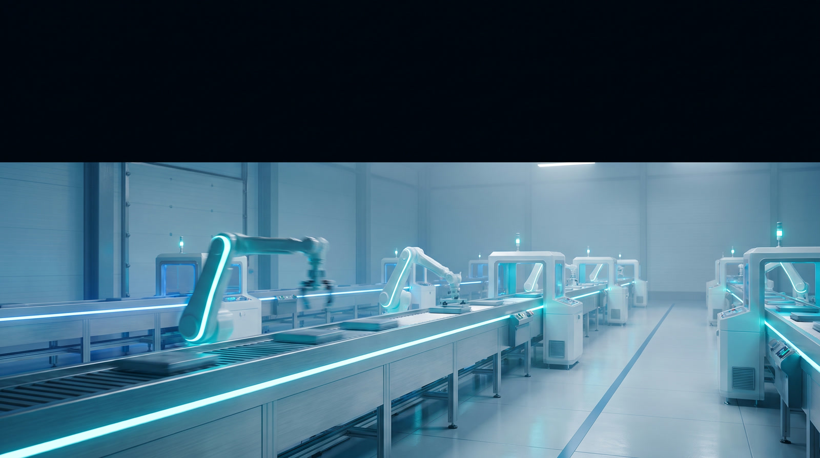 Linha de produção automatizada com braços robóticos e esteiras iluminadas em azul